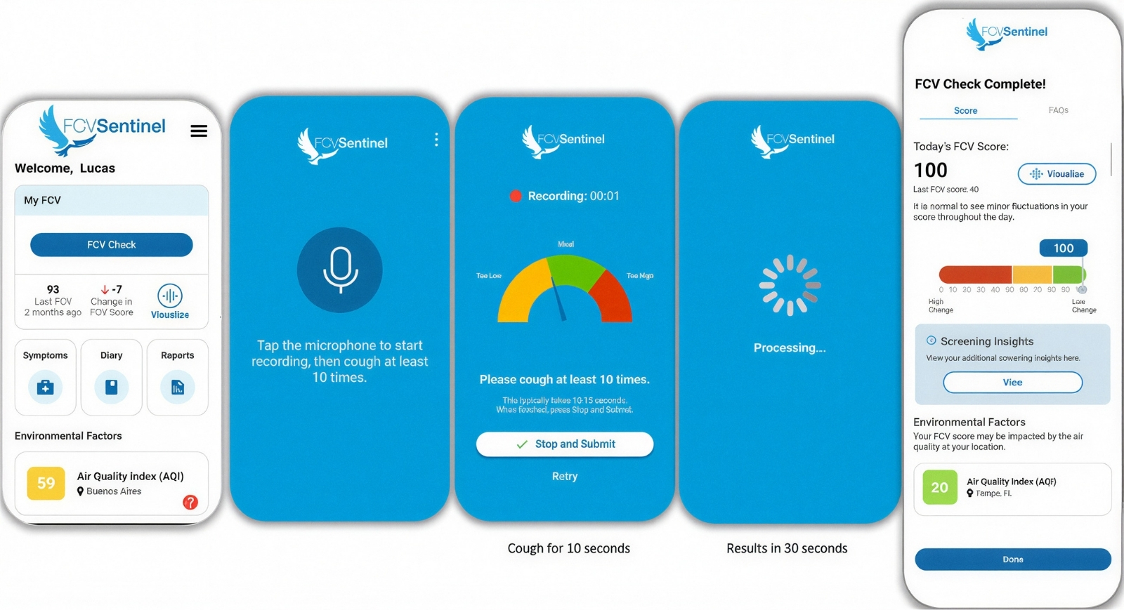 FCV Sentinel mobile app screens
